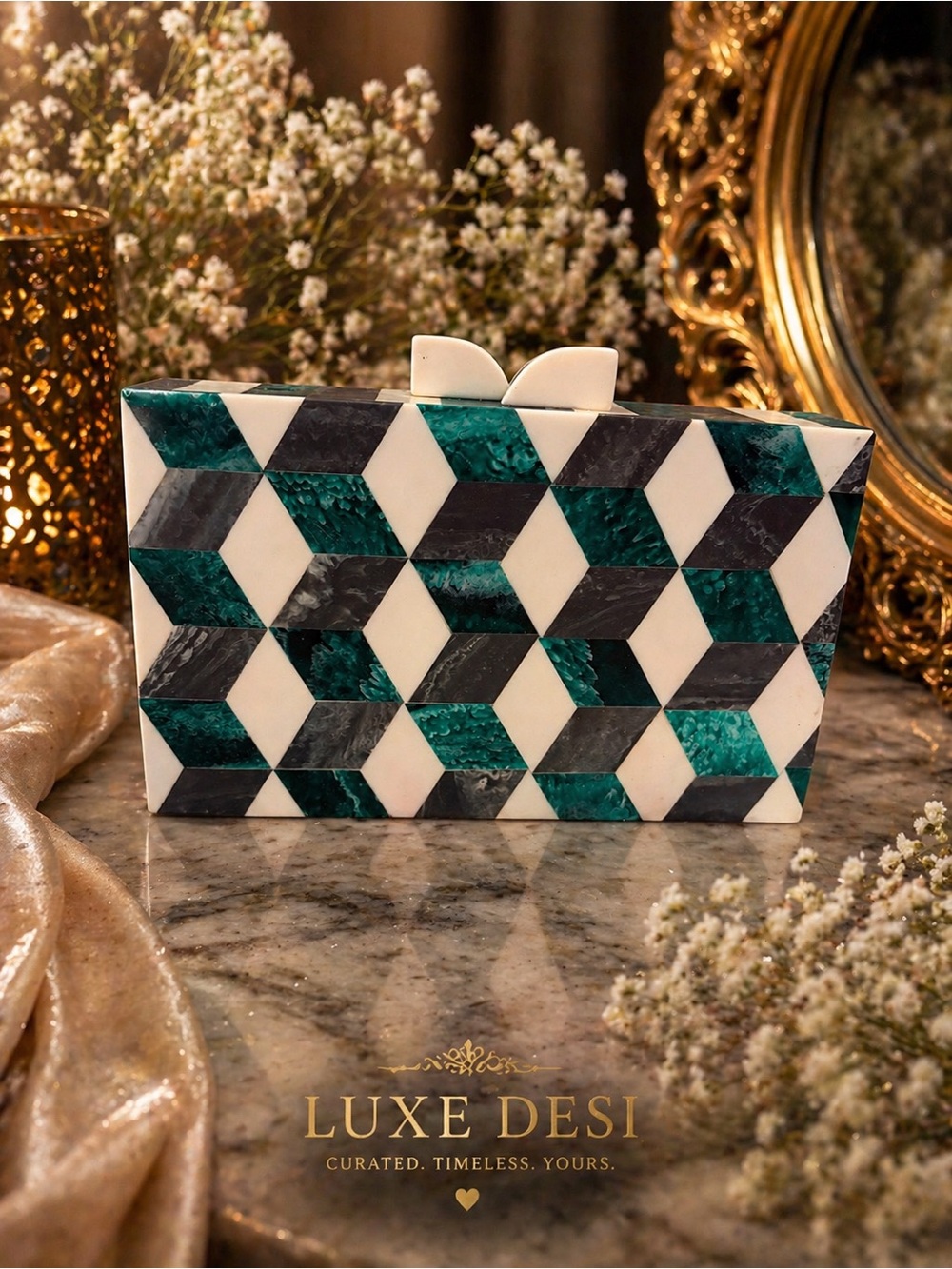 ✨ Emerald Mirage Geometric Acrylic Box Clutch - Made in India✨